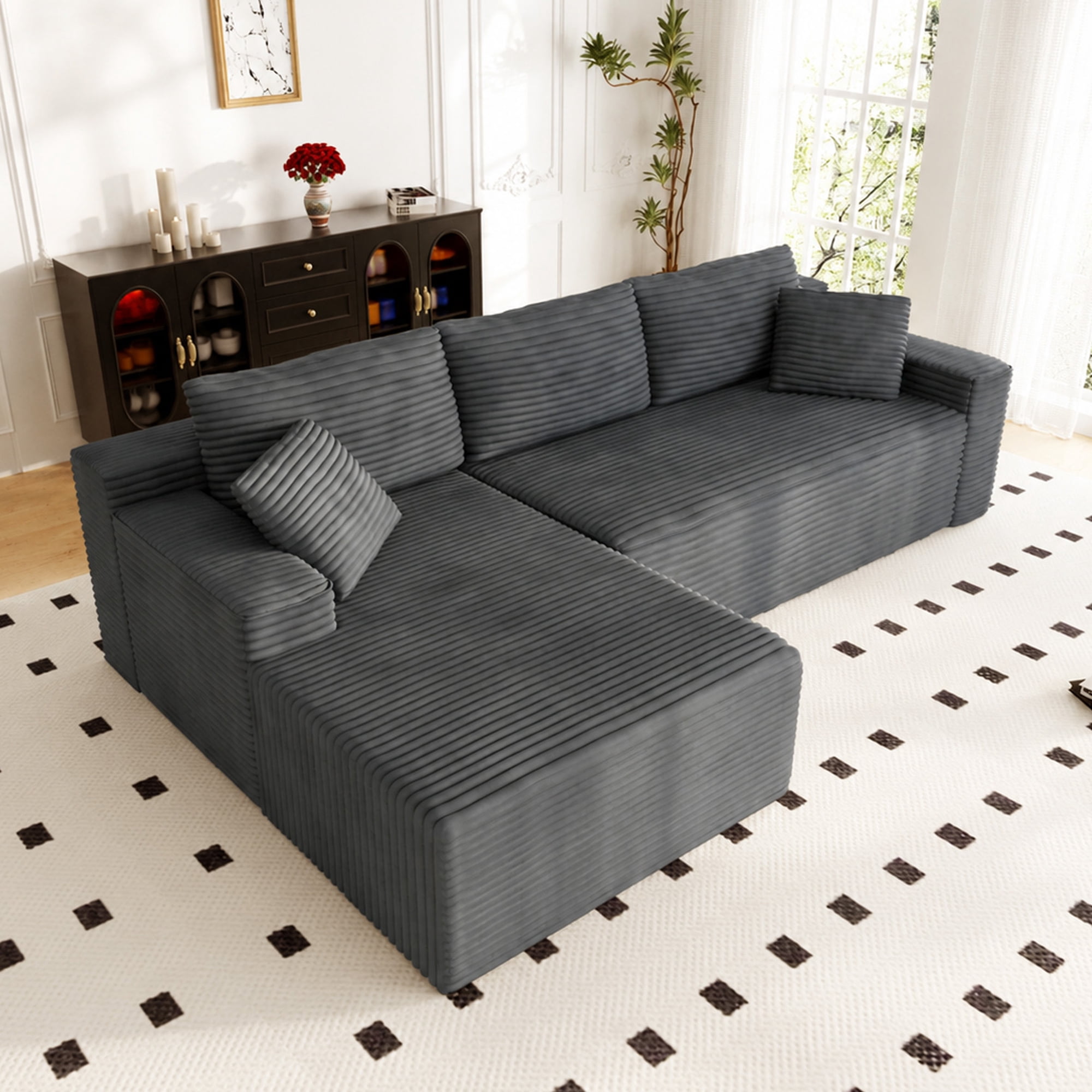 Lunale 105" Modular L-Shaped Sectional Sofa, Boneless Cloud Couch, No Assembly Required, Modern Deep Seat Corduroy Sofa for Living Room, Dark Gray (Left Facing Chaise)