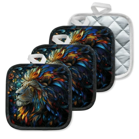 

4Pcs Pot Holder for Kitchen Lion In Stained Glass Style Composition Square Heat Resistant Hotpads 8x8in Non Slip Dirt-Proof Kitchen Cook Oven Potholders Machine Washable