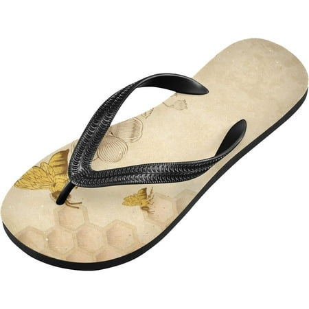 

Hyjoy Flip Flops Slippers for Women/Men Outdoor Summer Beach Sandals Shower Shoes with Retro Beige Honey Bees And Sunflowers Element