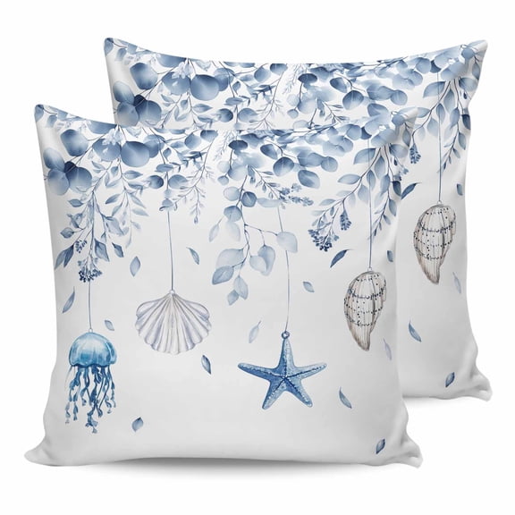 Blue Eucalyptus Coastal 24x24 Pillow Covers Set of 2, Beach Starfish Jellyfish Throw Pillow Covers Decorative Couch Cushion Case, Microfiber Square Pillowcases for Bedroom Car Living Room