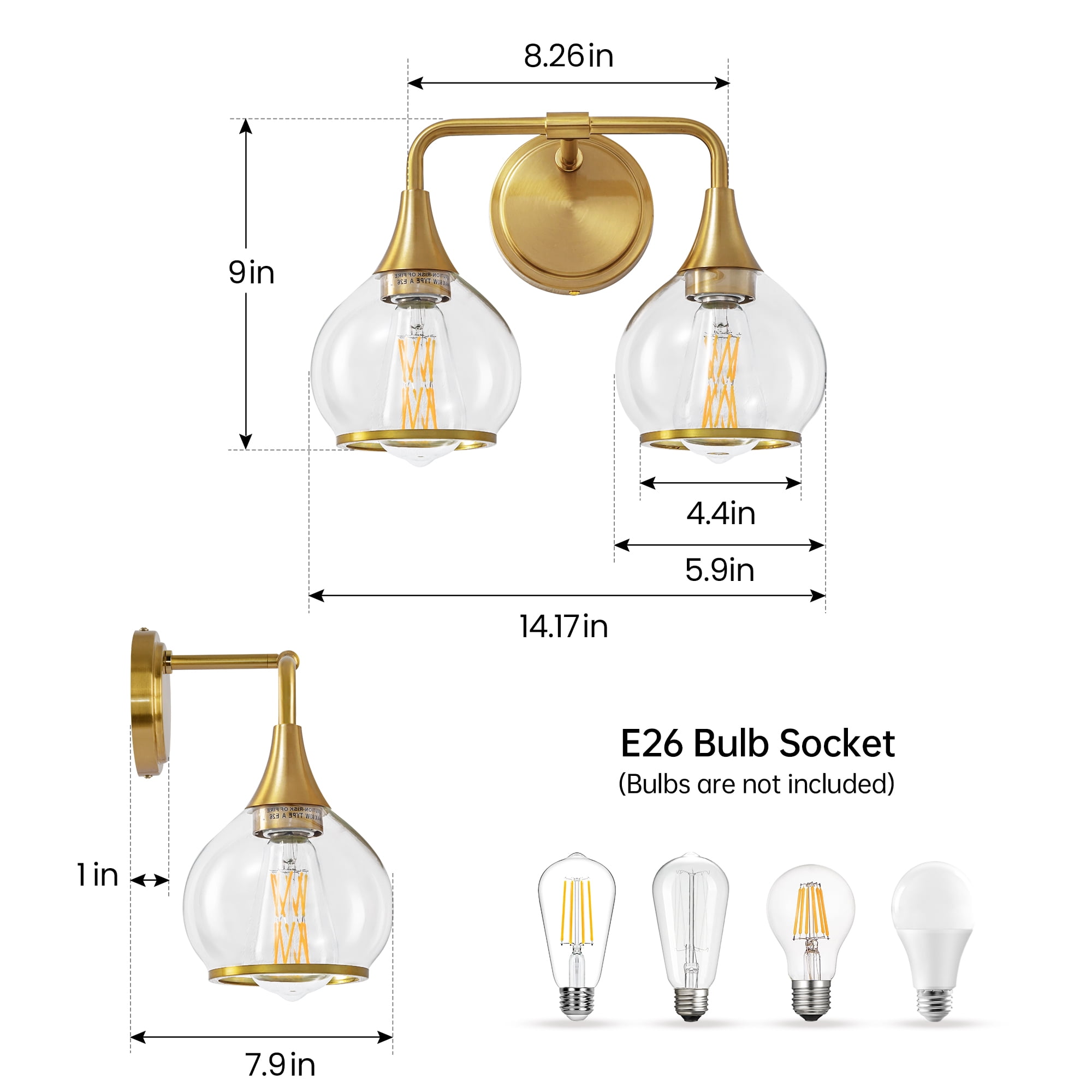 KAISITE 2-Light Bathroom Light Fixtures Modern Dimmable Globe Vanity Lights 14 Inch Gold Wall Sconce