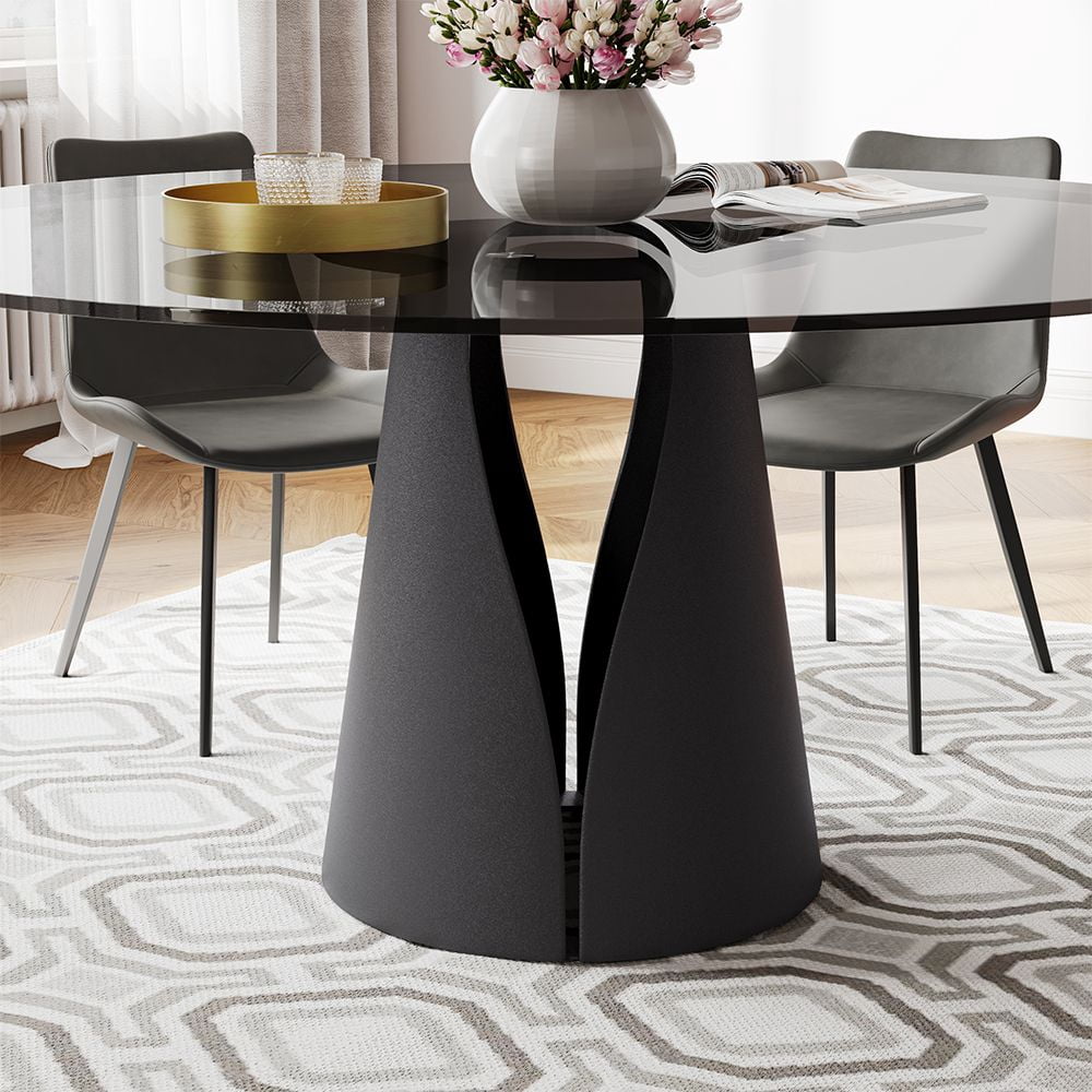 POVISON 47" Modern Black Round Dining Table For 4, Tempered Glass Tabletop,Carbon Steel Base