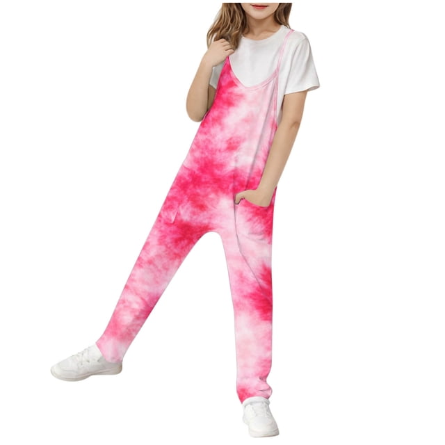Odeerbi 5-14 Años Niñas Traje de Verano Tie-Dye Camisola Romper Primavera Casual Respirable Comfortable Overalls Correa Bib Pantalones En General Traje de Juego