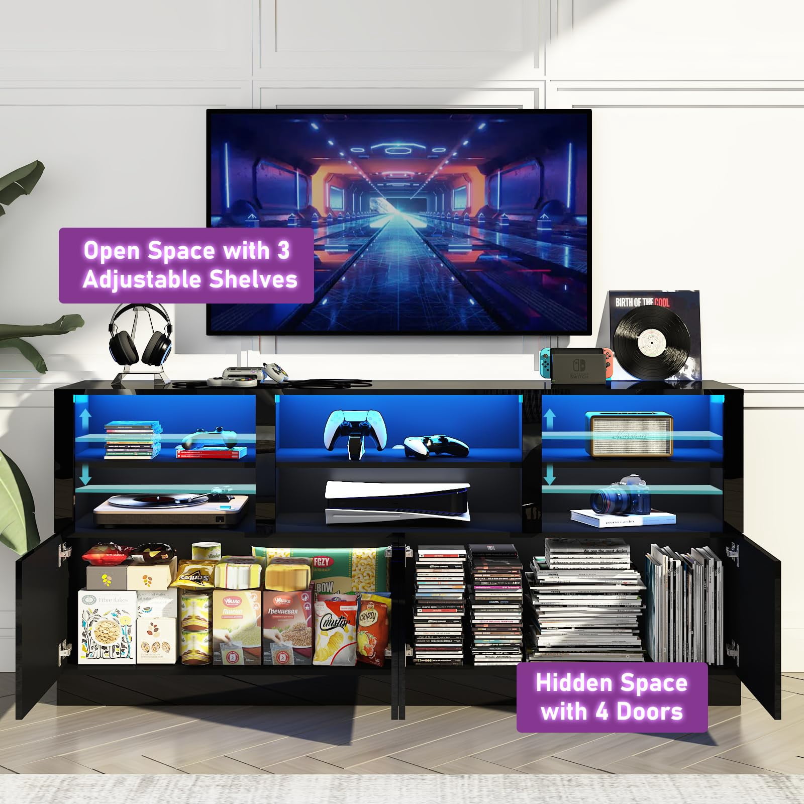 ANPOO LED TV Stand for 75” 80" 85" TVs, Tall Entertainment Center with 4 Door Storage Cabinets, Modern Glossy Gaming TV Console with for Living Room