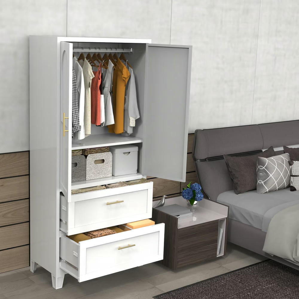 Kadyn 2 Door Armoire Wardrobe Closet with 2 Drawers, 70" Large Wardrobe Armoire with Gold Handle, Modern Wooden Armoire Storage with Hanging Rod for Bedroom, White