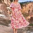 thumbnail image 1 of Femmes Plage Midi Robe Florale Imprimé Puff Manches Mode Été Plissée Robe, 1 of 7