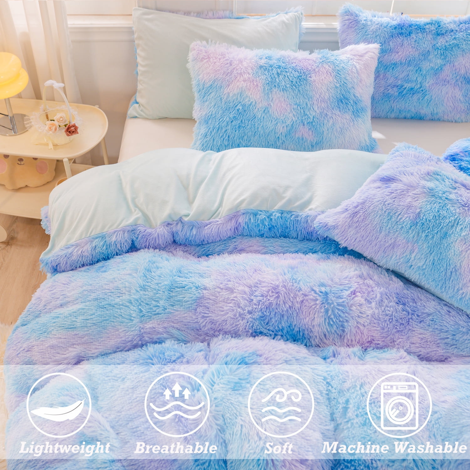 URBONUR Blue Rainbow Girls Comforter Set Twin Plush Shaggy Bedding Set Fluffy Comforter Faux Fur Fuzzy Bedding Set for Girls Ultra Soft Cozy Bed Sets(1 Fluffy Comforter + 2 Pillowcases)
