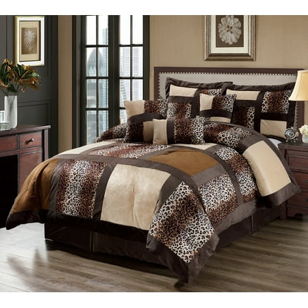 7 Piece Leopard Patchwork Faux Fur Microfiber Comforter Set