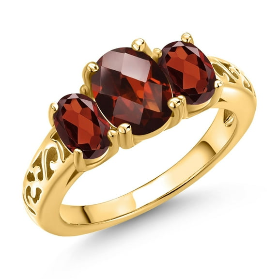 Gem Stone King 18K Yellow Gold Plated Silver Red Garnet Filigree Style 3 Stone Ring for Women (2.67 Cttw, Oval 8X6MM and 6X4MM) (Size 9)
