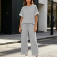 thumbnail image 4 of Mifsaly Comfy Lounge Sets for Women Casual Short Sleeve Crewneck T-Shirt and High Waisted Wide Leg Sweatpants Outdoor Travel Vacation Loungewear Gray,L, 4 of 7
