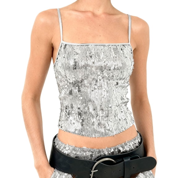 HXWCHs Sequin Camisole Elegant Low Cut Sleeveless Blouse Versatile Basic Tank ofp for Women Party Night Out M Silver