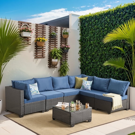 Toject 7 Pieces Paito Furniture Set, Wicker Outdoor Sectional Sofa with Coffee table, Modern Modular Ratten Conversation Set with for Garden, Balcony, Dark Blue