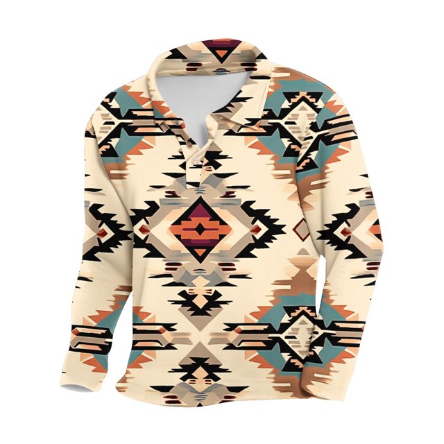 Blusas y camisas de manga larga con cuello redondo para hombre, blusa informal de moda con cuello vuelto, manga larga, botones estampados, blusa de poliéster para hombre
