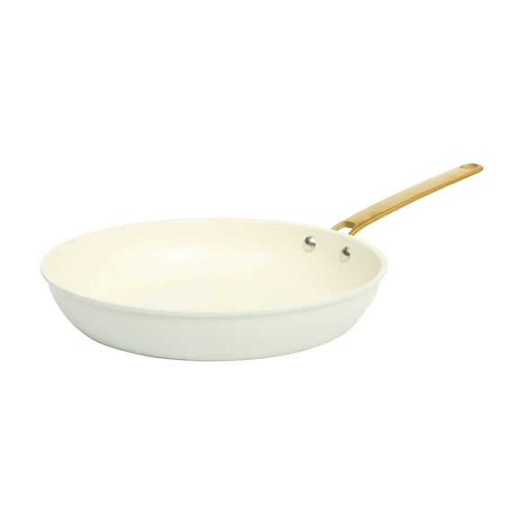 Martha Stewart 12-Inch Ceramic Nonstick Frying Pan Skillet, Linen with Gold Handle