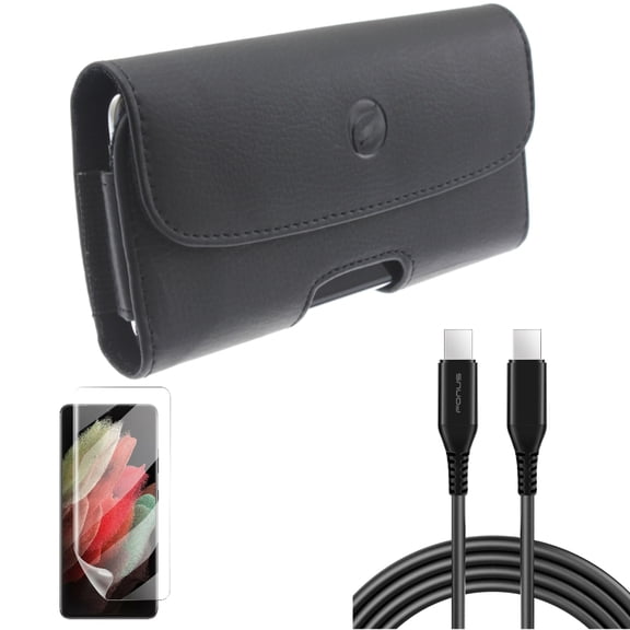 Case Belt Clip & Matte Screen Protector & 10ft Long USB-C Cable for Samsung Galaxy S21 Ultra Phone - Leather Holster & TPU Film Anti-Glare & PD Fast Charger Cord Power Accessory Bundle