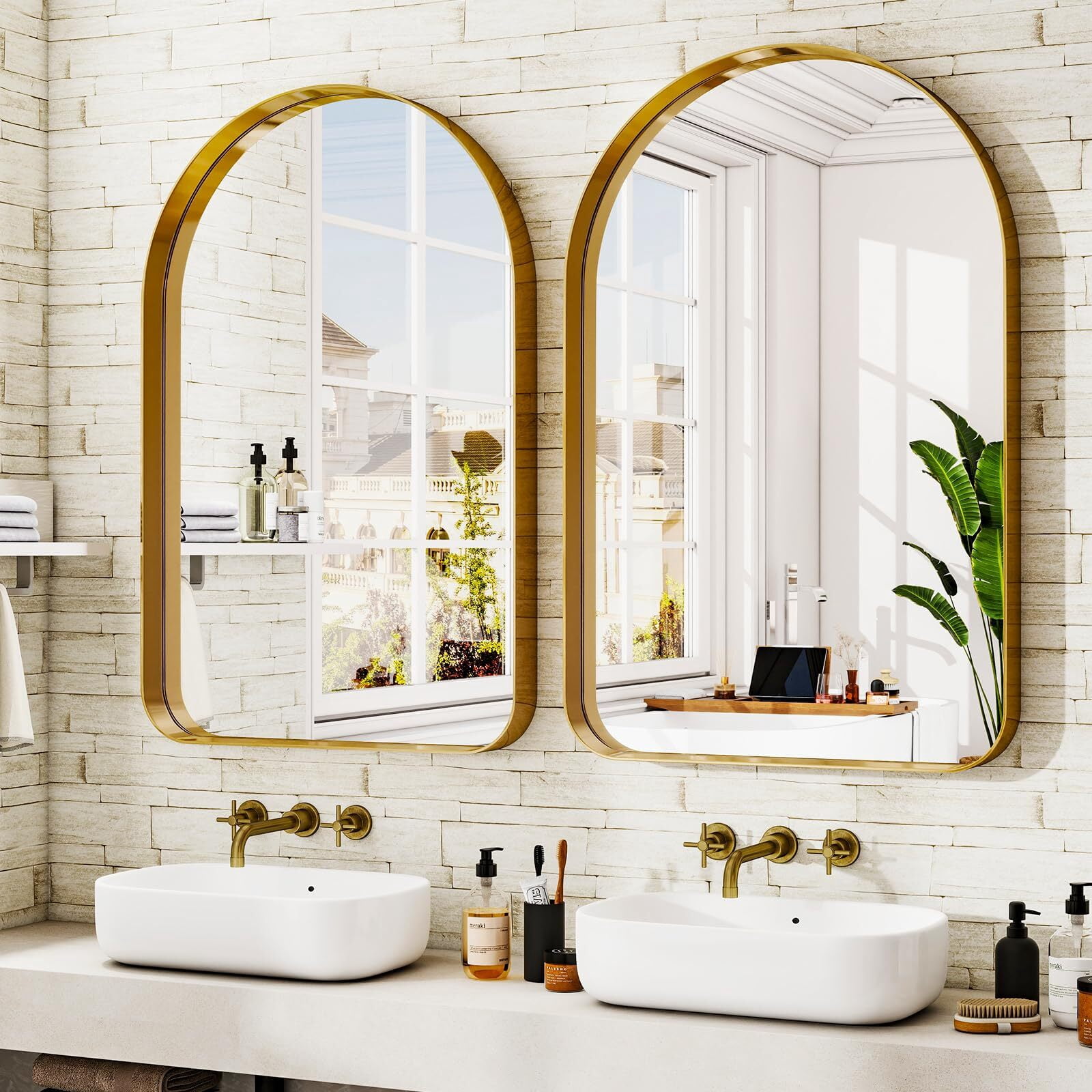 AnyRose 26"x38" Arched Bathroom Mirror Modern Vanity Mirror with Deep Frame – Wall-Mounted Mirror for Bathroom Bedroom,Gold