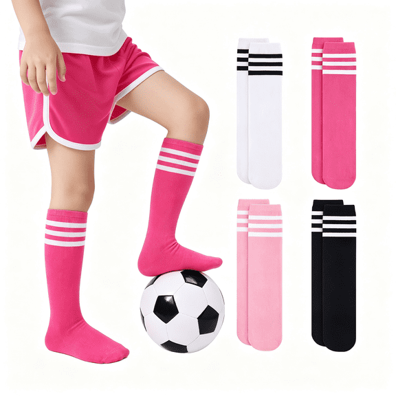 OQRKI 4 Pairs Kids Soccer Socks Toddler Boys Girls Athletic Youth Baseball Socks Knee High Seamless Toe Athletic Socks