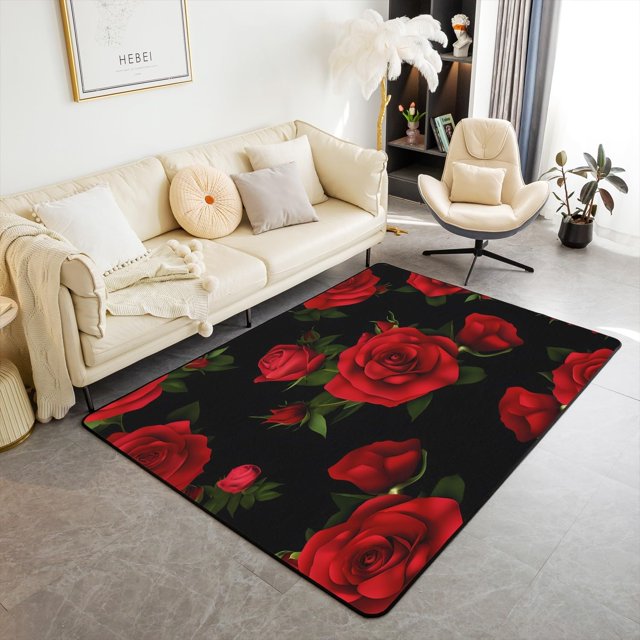 jejeloiu Rose Area Rug 5x7 Inch Rose Floral Flower Rugs for Bedroom Living Room Garden Flower Romantic Red Black Green Decorative Rug