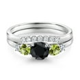 thumbnail image 3 of Gem Stone King 10K White Gold Black Sapphire Green Peridot and White Lab Grown Diamond 5 Stone Bridal Engagement Wedding Ring Set for Women (1.04 Cttw, Round: 5MM and 3MM, Size 7), 3 of 6