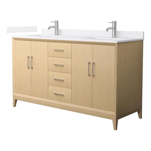 Janna 60" White Oak Double Vanity & White Cultured Marble Top & Nickel Trim