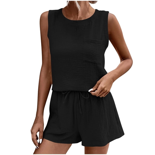 AYA T-shirt et Short en Coton à Col Rond Sans Manches pour Femmes