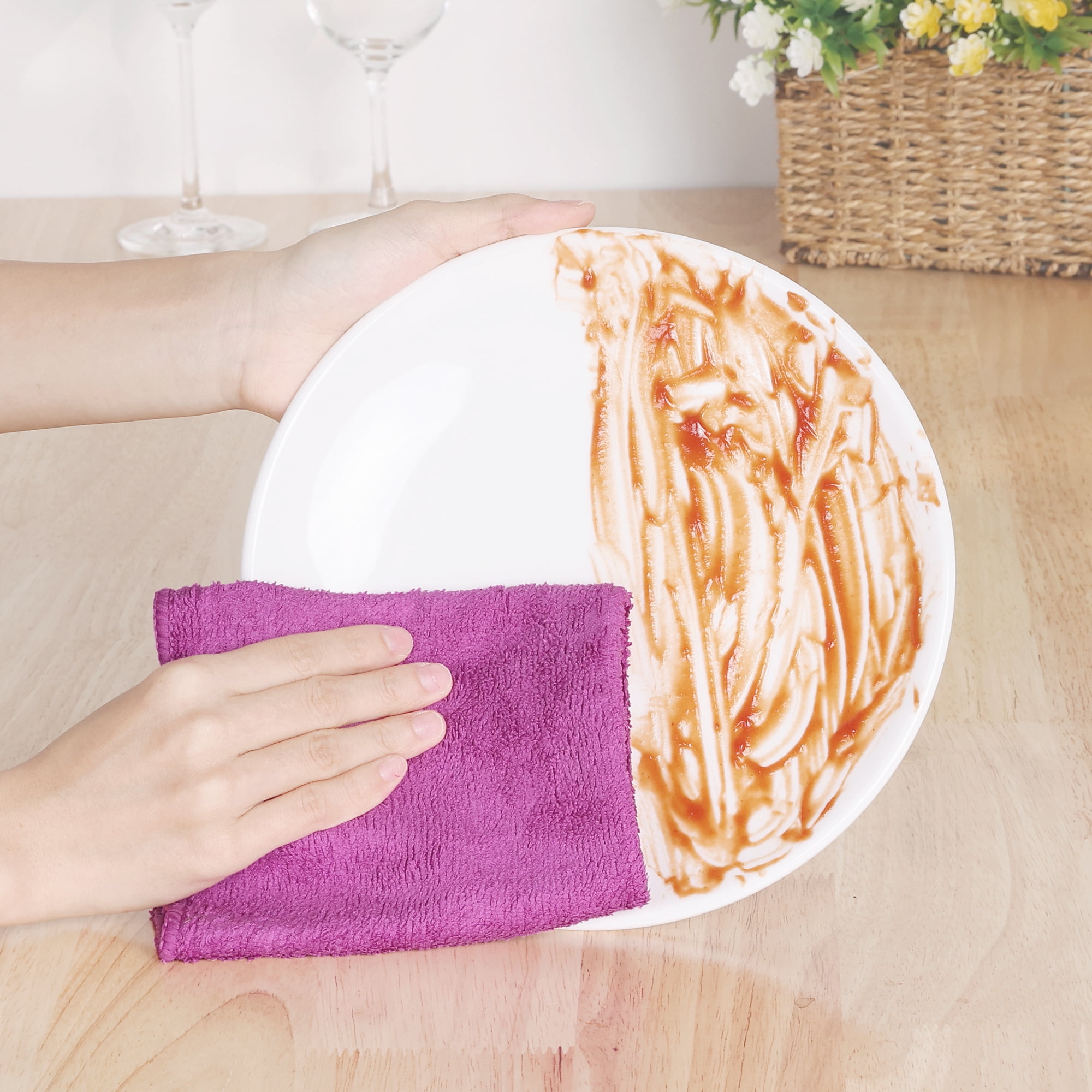 REGALWOVEN 10 Pack Kitchen Dish Towel Set Absorbent Microfiber Cleaning Cloths Rose Red 12' x 12'