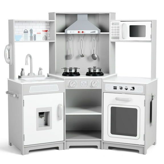 JOYLDIAS Kids Play Kitchen Corner Wooden Pretend Toddler Toys Playset Gift with Realistic Lights & Sounds, Microwave Oven, Water Dispenser, Phone, Sink, Cooking Accessories(Gray)