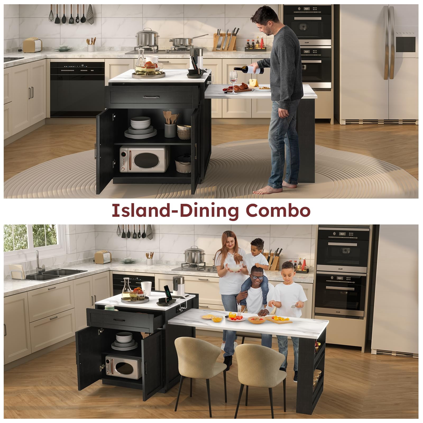 ZIVACATE 82.7"L Expandable Retractable Kitchen Island for 4-6 Person, Faux Marble Top Kitchen Island with Storage Built-in Power Outlet, Black