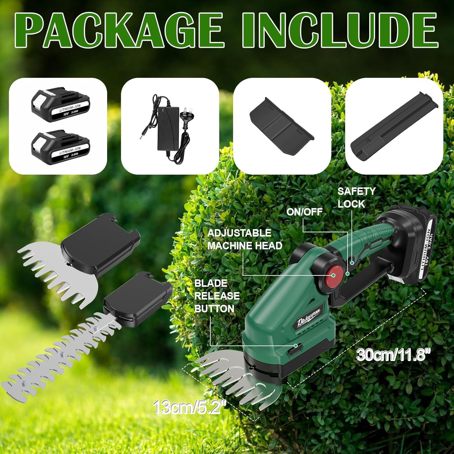 Cordless Hedge Trimmer with 2x 3.0Ah Batteries, Quick Charge Electric Grass Shears for Garden Lawn