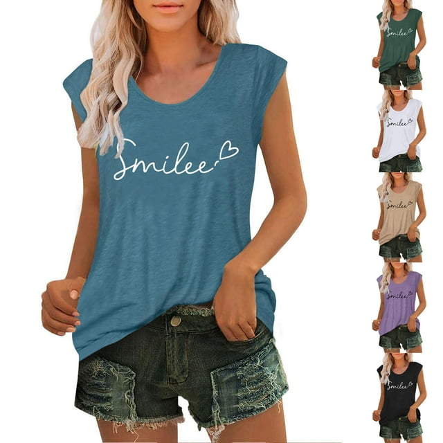 JDQJBZ Débardeurs d'Été pour Femmes Imprimé Lettre Col Rond Ample Décontracté Sans Manches T-Shirt