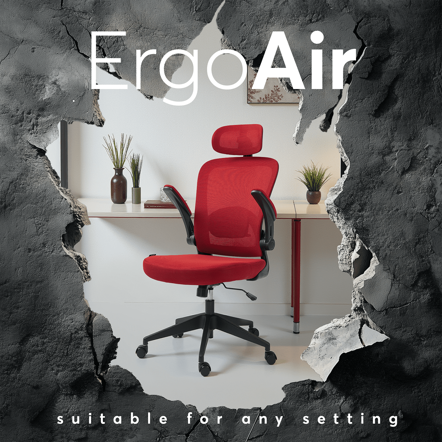 Oline ErgoAir Ergonomic Office Chair – Adjustable Lumbar Support, Flip-Up Armrests, Mesh Computer Desk Chair, Swivel Rolling Executive Gaming Chair for Home & Office (Red)