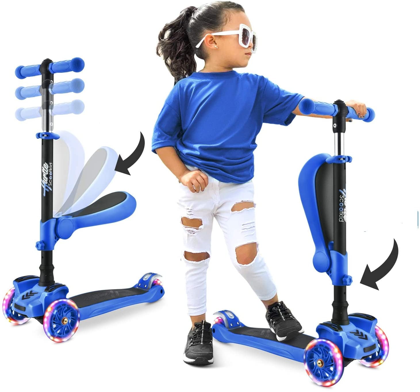 Scooter Stunt Kid Push Kick T bar 3 Wheels Folding LED Flashing Adjustable Board 