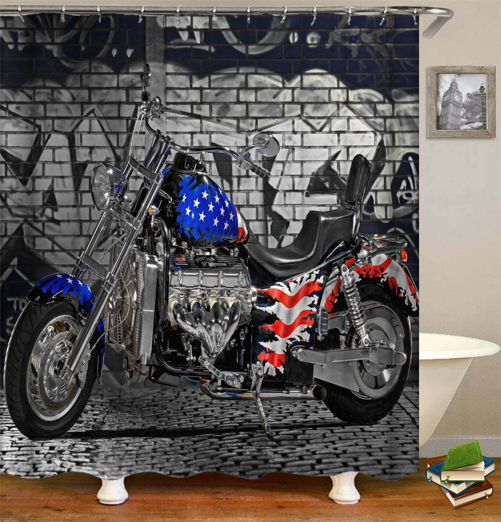 Shower Curtain Set With Hooks Harley Motor America Flag Speedboat