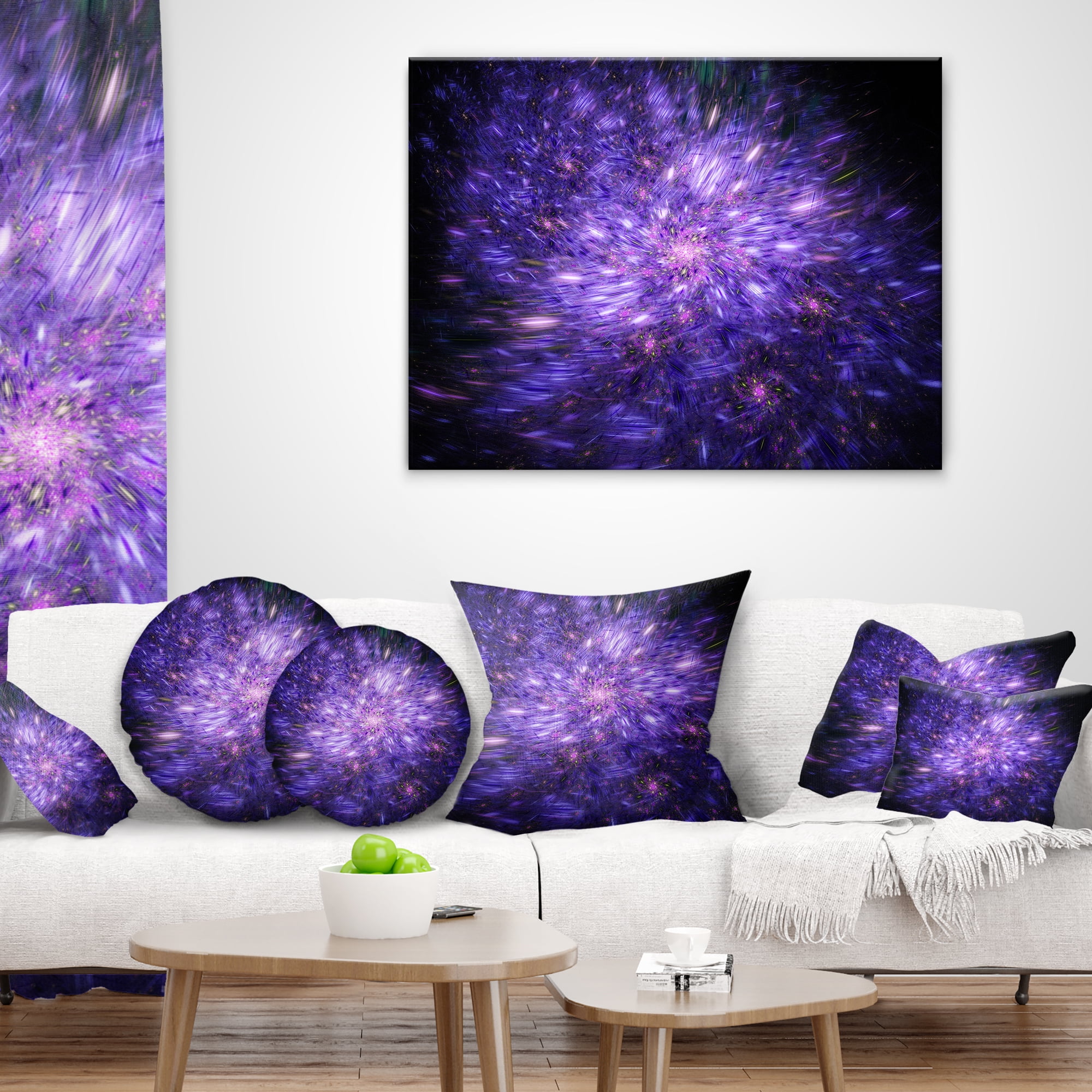 Designart Purple Fireworks on Black - Abstract Throw Pillow - 16x16