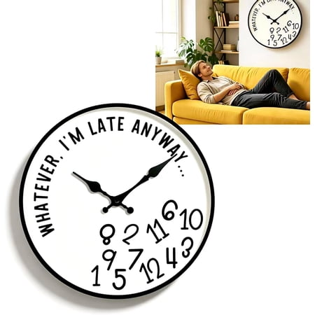 Whatever I'm Late Anyway Wall Clock, Funny Sarcastic I'm Late Anyway Clock Large Unique Walls Watch Unique Irregular Number Wooden Sign, Silent Non Ticking Decorative Clock for Home Office Decor