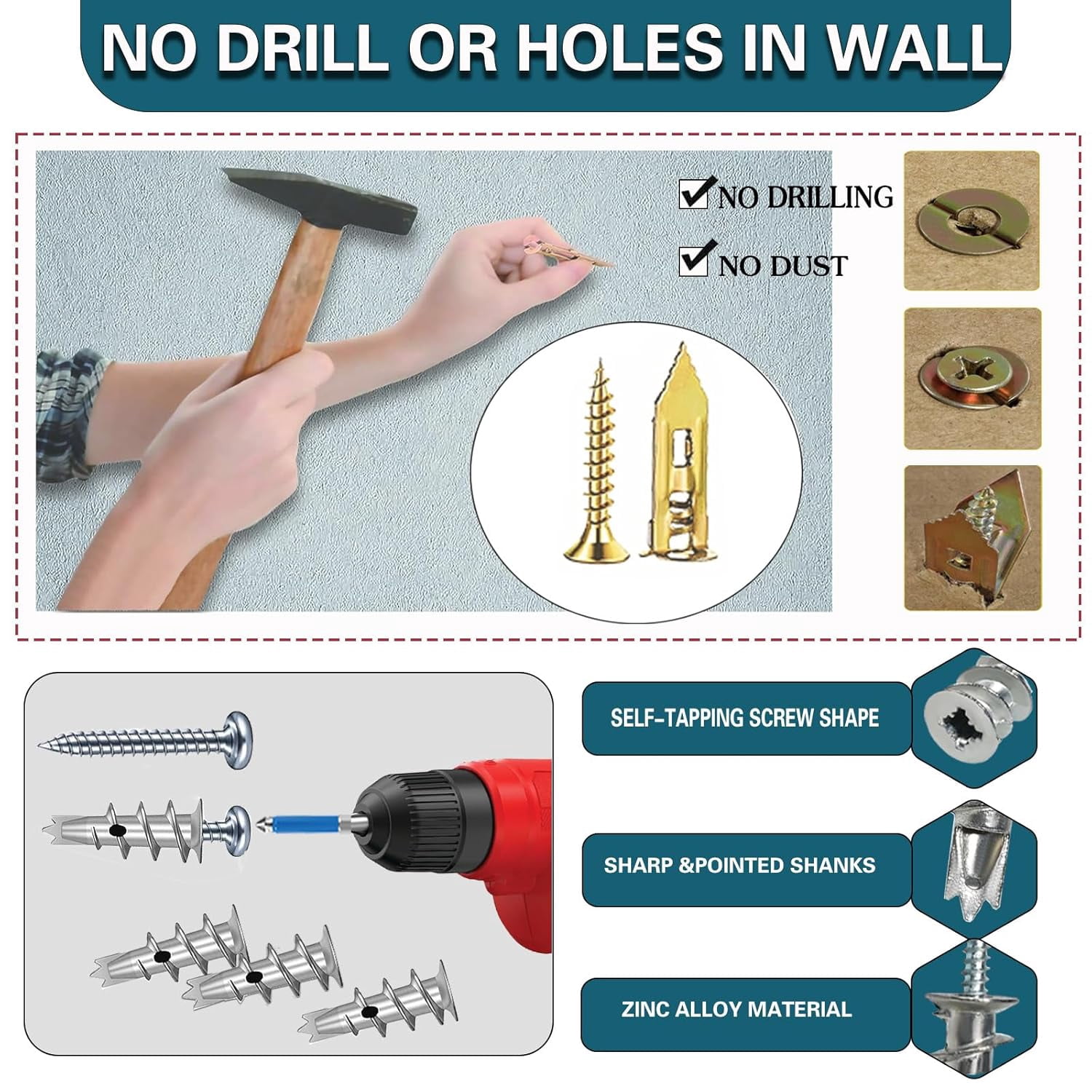 560PCS Self Drilling Drywall Anchors with Screws Kit,5-Sizes Metal Expansion Bolt for Dry Wall,280 PCS Sheetrock Anchors and 280 PCS Screws-No Drill Needed