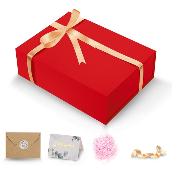 Caja de regalo DUOTAN 34x25x9 cm roja magnética con tarjeta de cinta