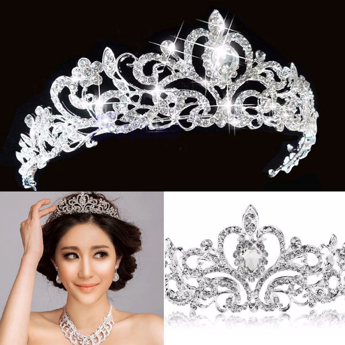 Light Blue Crystal Wedding Crown Princess Prom Tiara Bridal Rhinestone Headdress