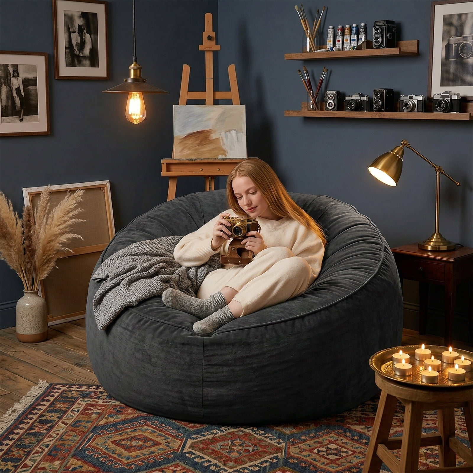 VIREO 4FT Bean Bag Chairs for Adults Memory Foam Filler Beanbag Chair with Removable and Washable Flannel Cover, Lazy Chairs for Living Room - Black