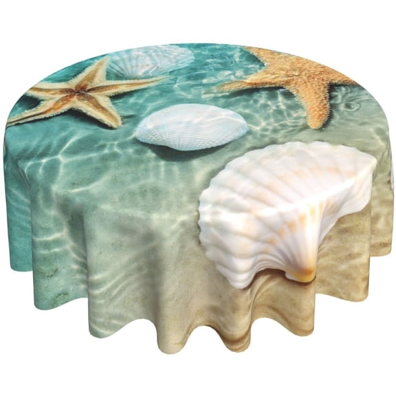 Beach Starfish Shell Round Tablecloth Washable Reusable Decoration Table Cover for Kitchen Party 60"