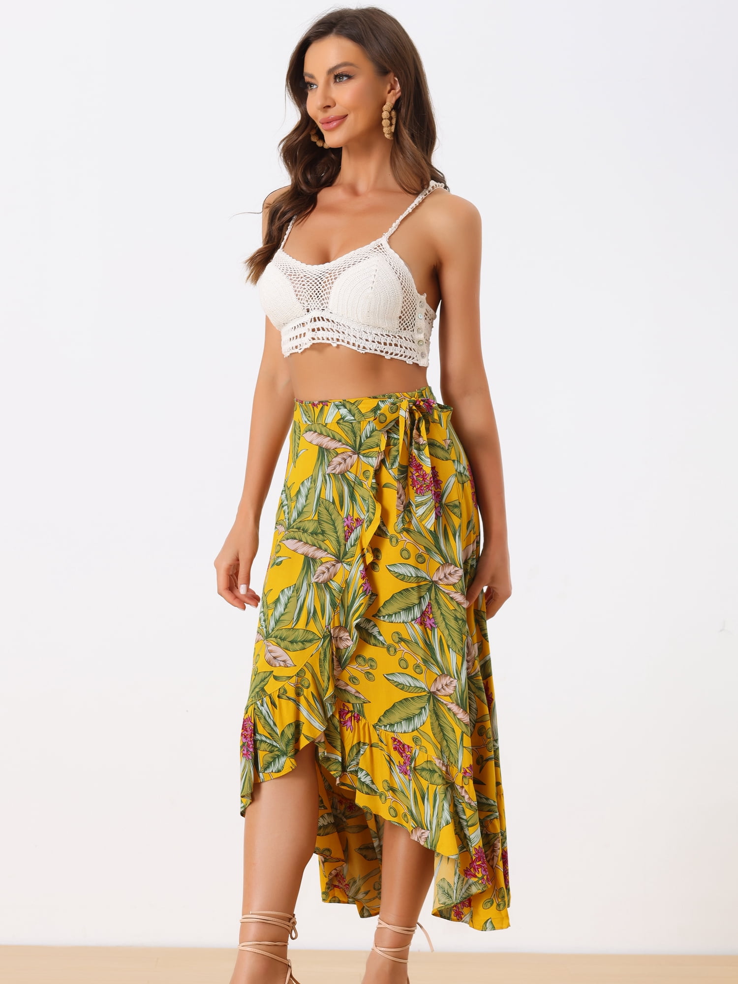 DARING DIVA Women's Ruffle Self Tie Knot Split Beach Wrap Midi Skirt M Yellow