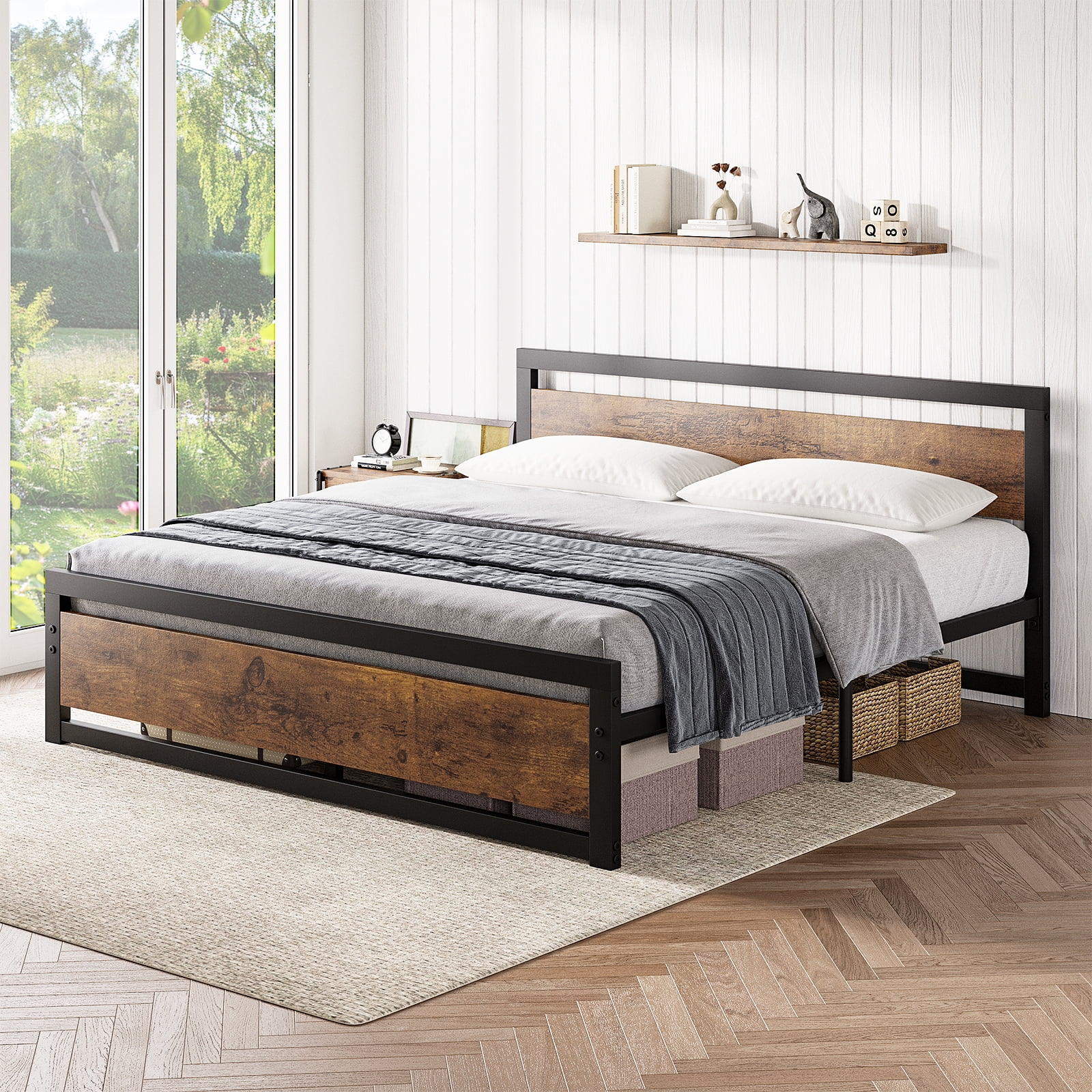 Yesurprise King Size Bed Frame with Wooden Headboard and Footboard Metal King Bed Platform No Box Spring Needed 14 inch Easy to Assemble Noise Free King Bed Frame