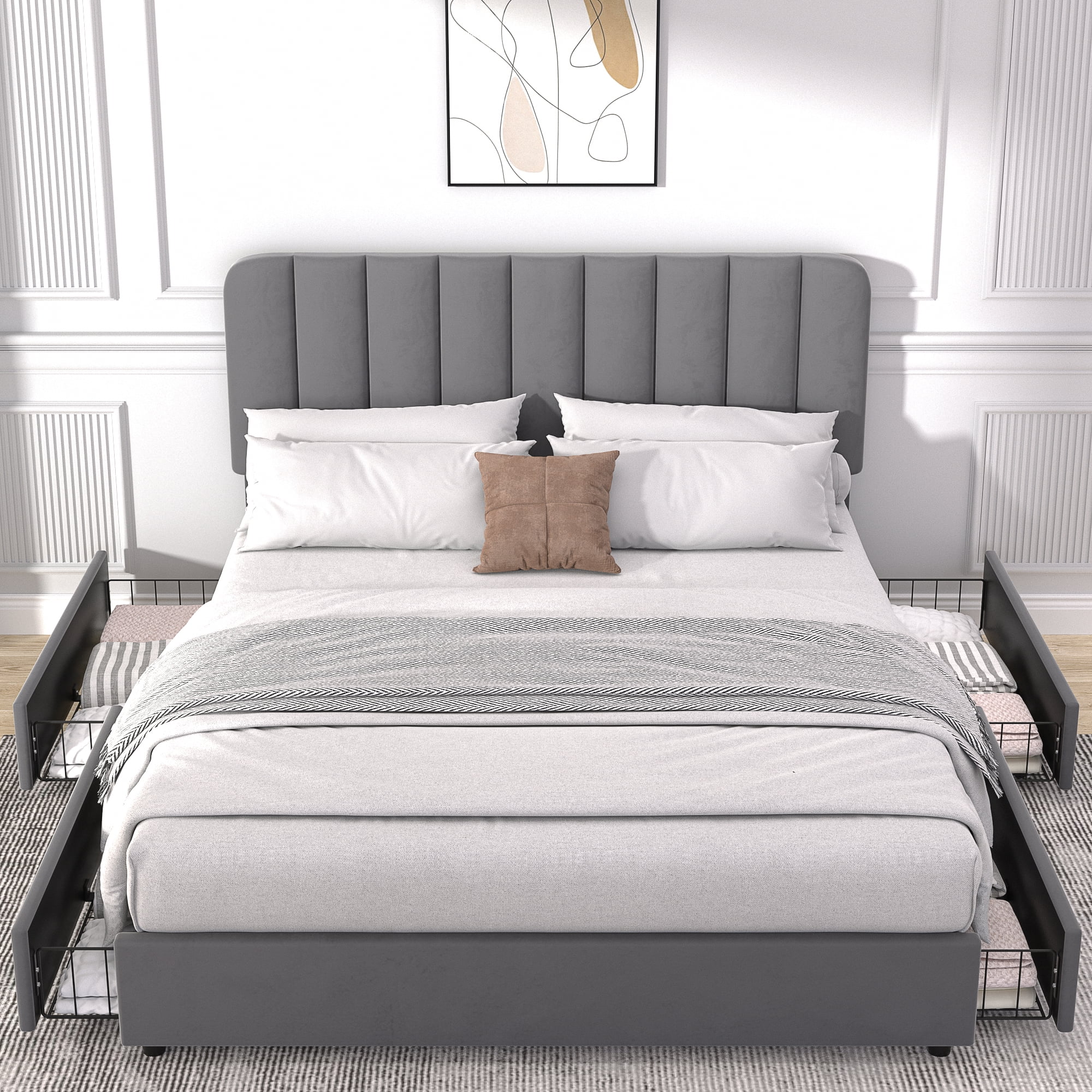 VECELO Full Size Bed Frame with 4 Storage Drawers, Modern Upholstered Platform Bed Frame with Adjustable Headboard, No Box Spring Needed, Dark Gray