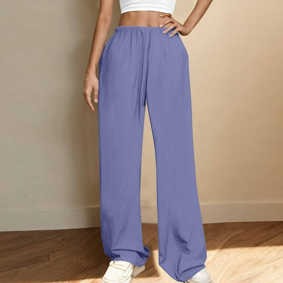 ClodeEU Women's High Waist Wide Leg Pants With Drawstring, Elastic Waist Pants with Pockets ,Casual Loose Trousers Purple,Womens Plus M