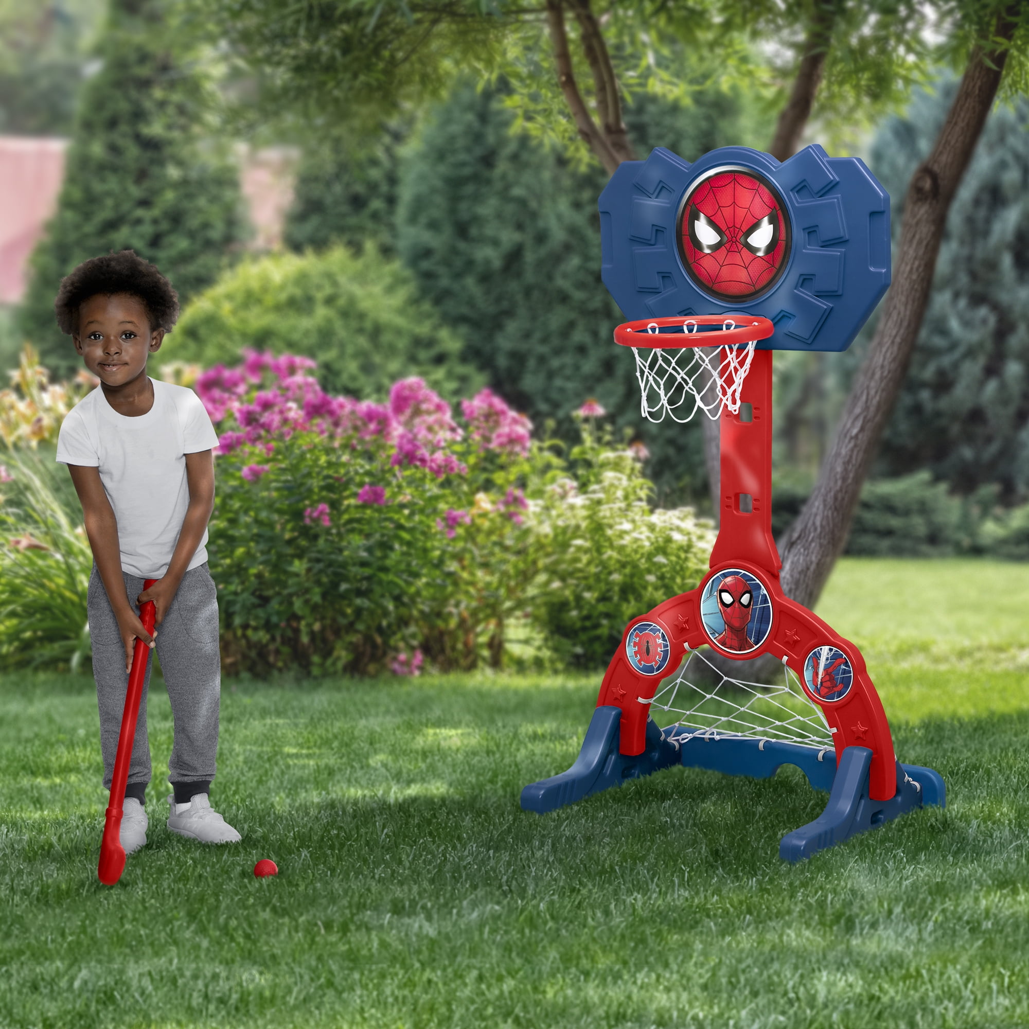 Spider-Man 4-in-1 Sports Center – Adjustable Basketball Hoop, Soccer/Hockey Net & Golf Game, Red