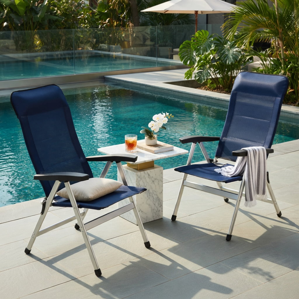 Hommoo 2-Pack Foldable Outdoor Dining Chairs with 7-Position Adjustable Backrest, Aluminum & Iron Patio Seating, Space-Saving Design, Navy Blue