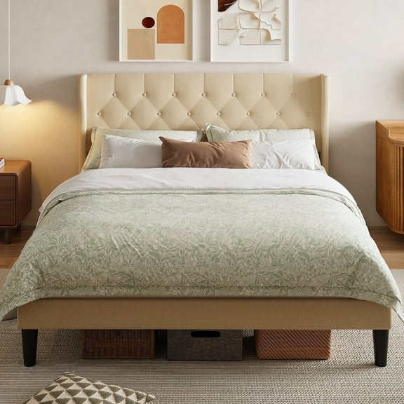 Asofer Queen Bed Frame, Upholstered Headboard w/12 Solid Wood Slats & Platform, Beige