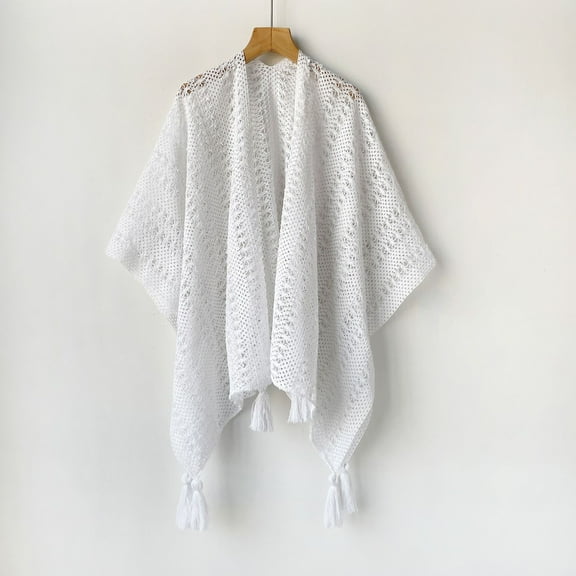 Women's Fringe Shrug Sweaters Shawl Front Warp Cardigan Hollow Out Knitted Shawl Wraps