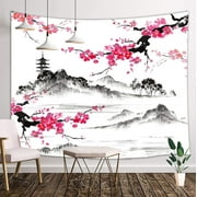 Japanese Watercolor Spring Tapestry Wall Hanging, Mount Fuji with Cherry Blossoms Sakura Flower Wall Tapestry Art for Home Decorations Dorm Decor Living Room Bedroom Bedspread, Wall Blanket, 60X40in