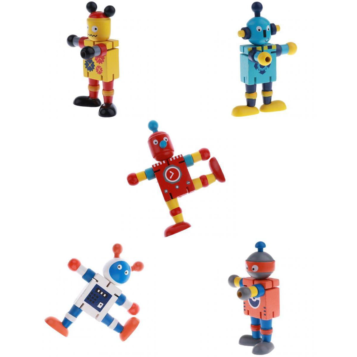 5pcs Wooden Robots Action Figure Puppets Doll Kid Toy Poseable Developmental 